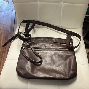 Hobo, dual, zip, brown leather bag